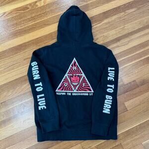 HUF x Spitfire Hoodie Mens Large Black Skateboarding Live to Burn Pullover Y2K